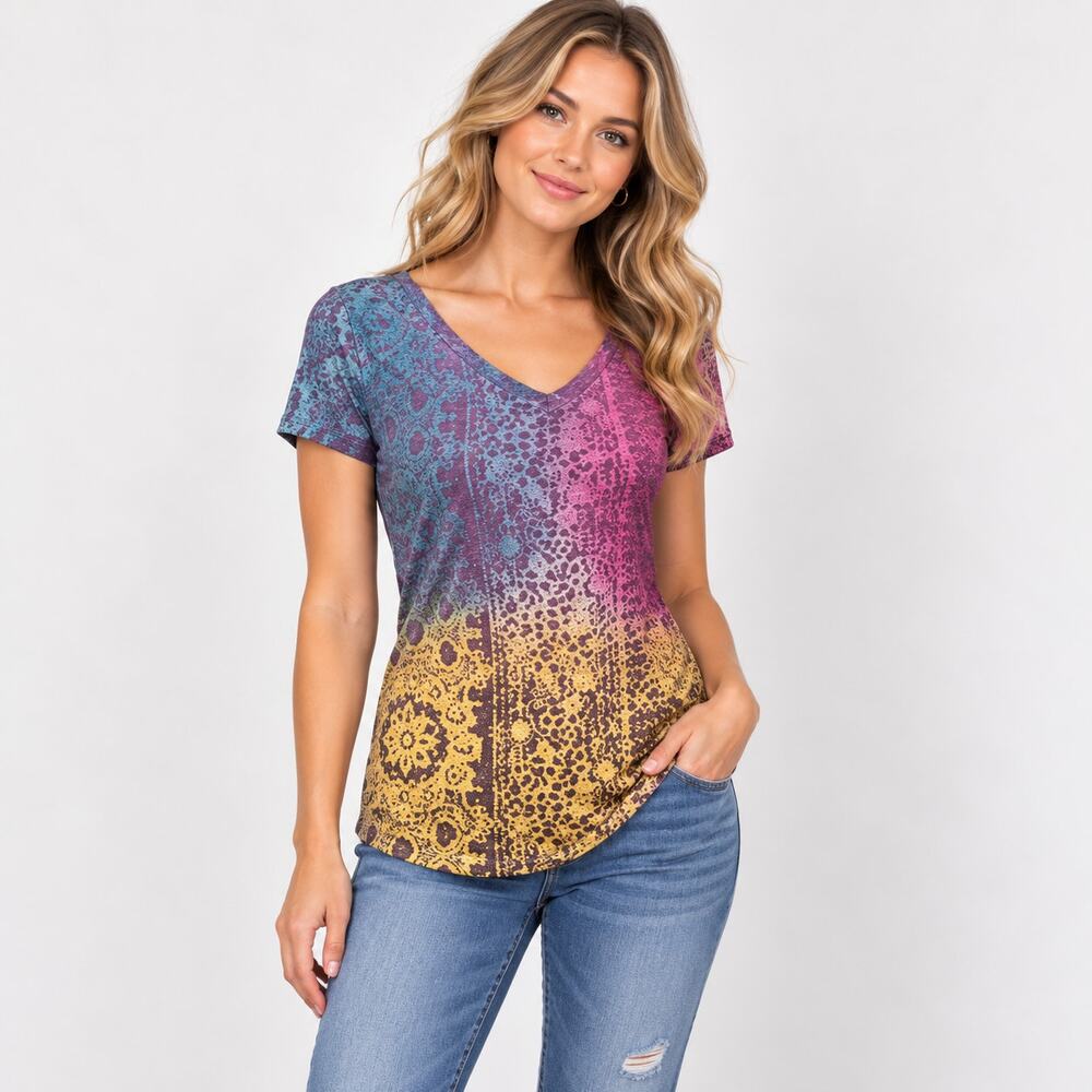Curious Gypsy T-shirt Multi-Colored V-neck Casual Women's Size Medium